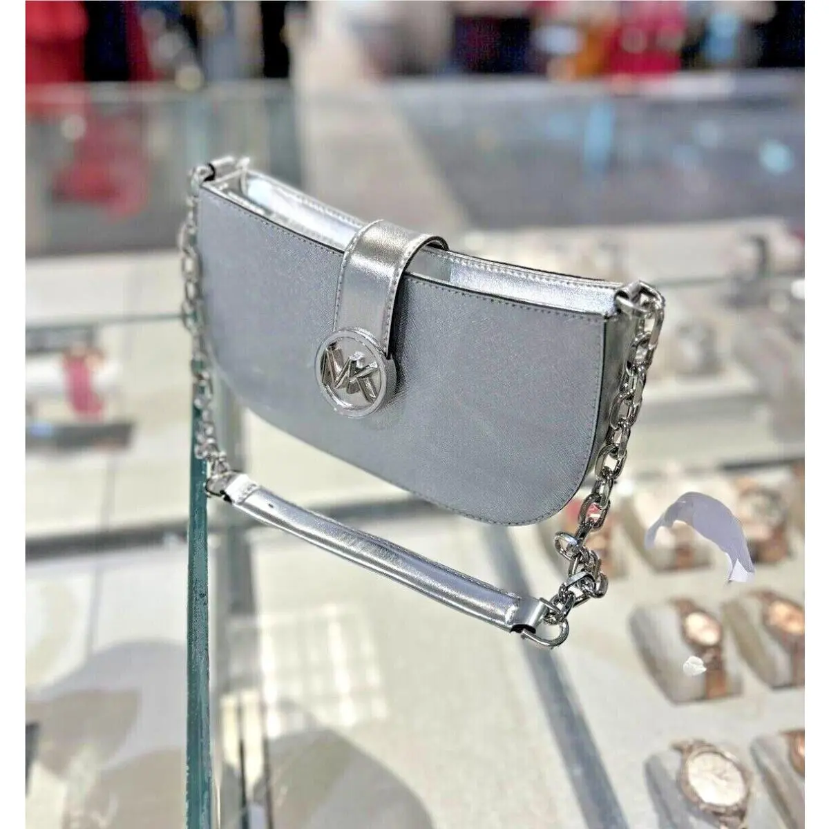 Small Pouchette Crossbody Leather or Pvc Handbag Purse Shoulder Bag SILVER by Michael Kors