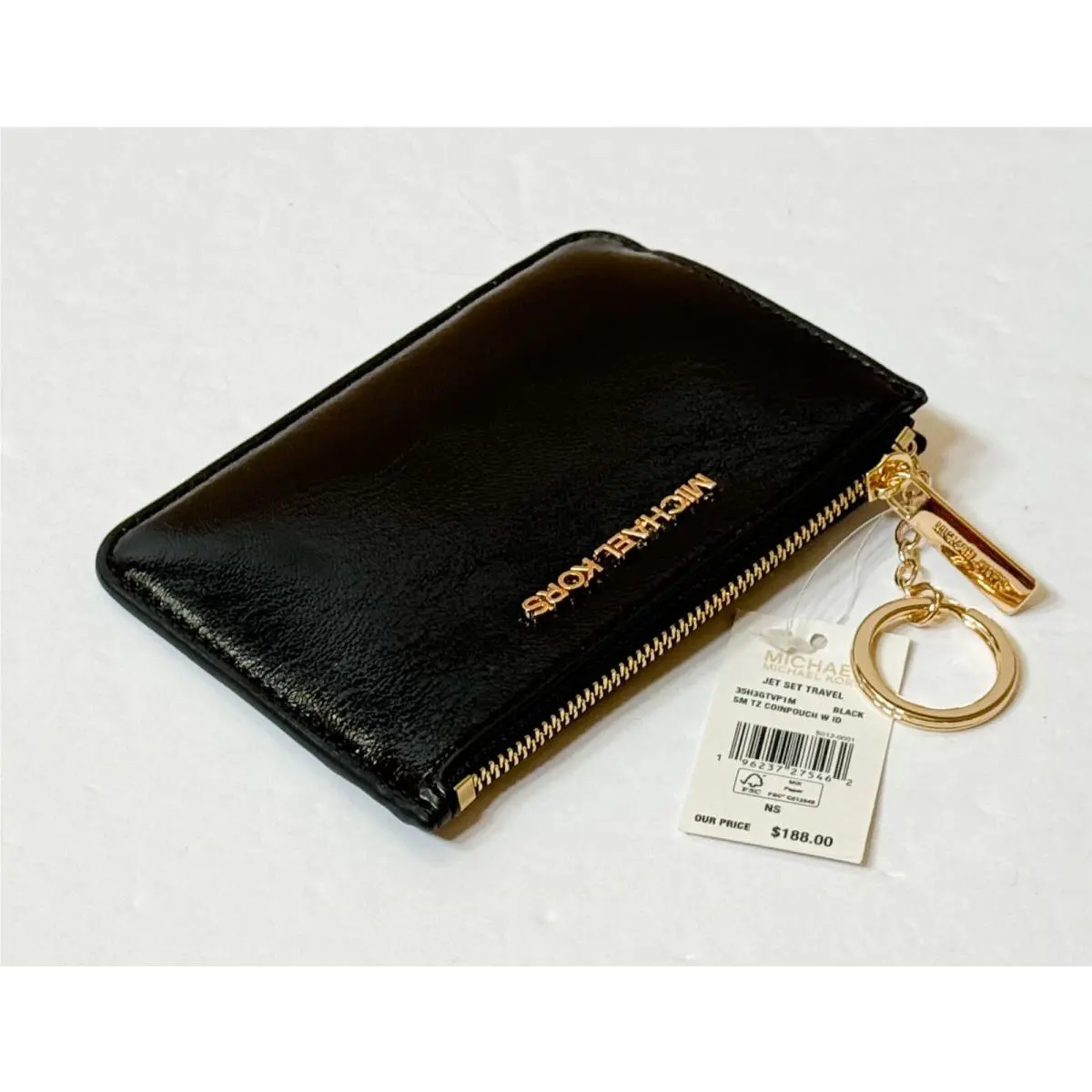 Jet Set Travel S TZ Coin Pouch with ID Key Holder Wallet PATENT BLACK by Michael Kors