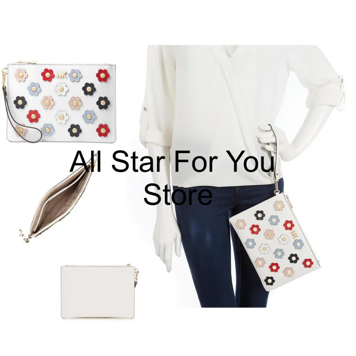 Michael Kors Clutch Wristlet Medium Leather Floral Applique Wristlet