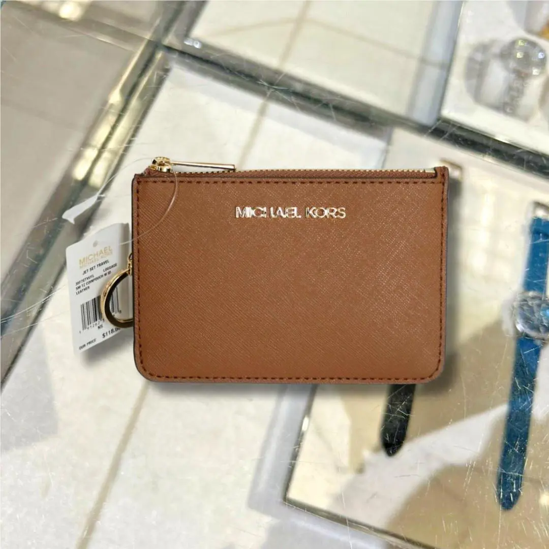 Lady Women Small Top Zip Coin Pouch ID Card Holder Keychain Wallet LUGGAGE by Michael Kors