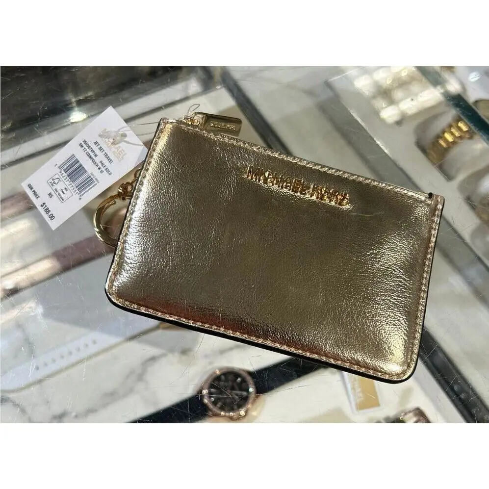 Lady Women Small Top Zip Coin Pouch ID Card Holder Keychain Wallet PALE GOLD by Michael Kors