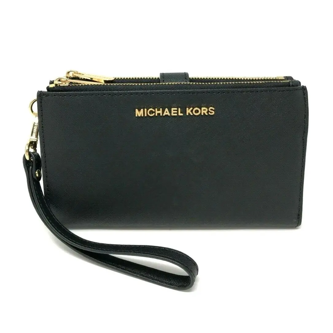 MK Jet Set Travel Double Zip Phone Wristlet Wallet Black / Gold Tone by Michael Kors
