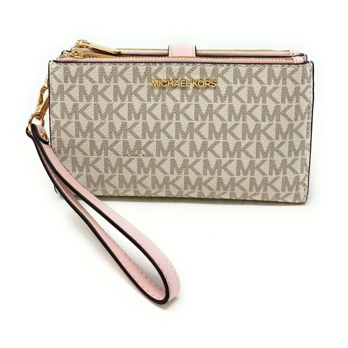 MK Jet Set Travel Double Zip Phone Wristlet Wallet Powder Blush Vanilla Signature/Gold Tone by Michael Kors