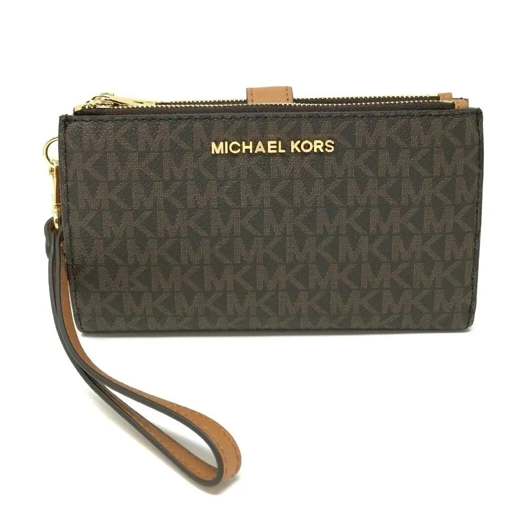 MK Jet Set Travel Double Zip Phone Wristlet Wallet Signature Brown / Acorn by Michael Kors