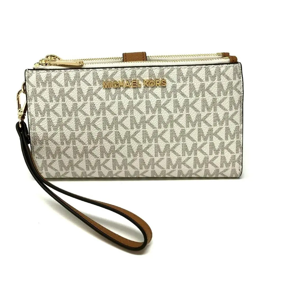 MK Jet Set Travel Double Zip Phone Wristlet Wallet Signature Vanilla / Acorn by Michael Kors