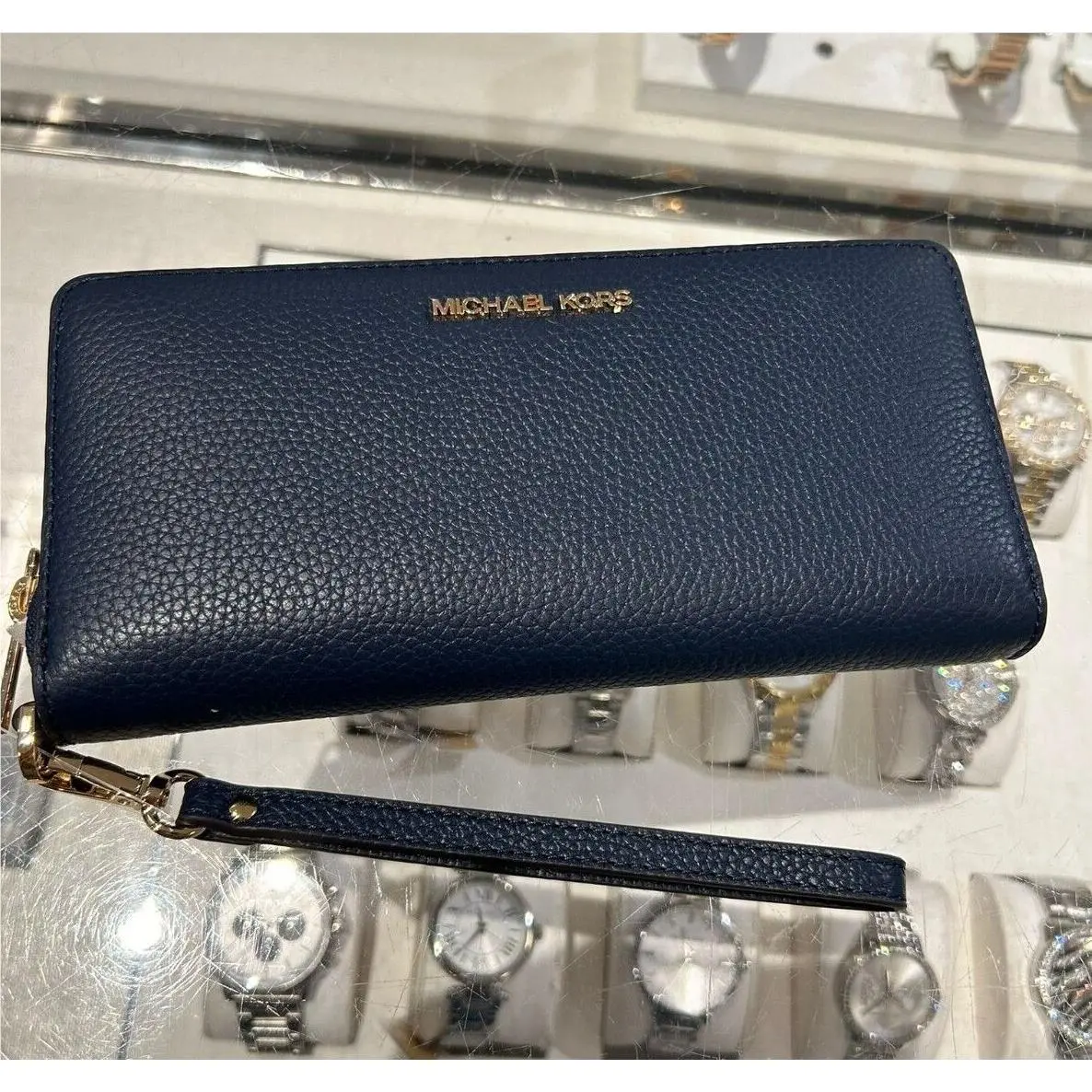 Long Zip Around Wallet Wristlet Leather or Pvc Clutch Phone Holder NAVY by Michael Kors