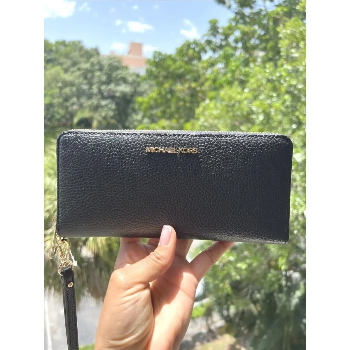 Long Zip Around Wallet Wristlet Leather or Pvc Clutch Phone Holder Black/Gold Tone Leather by Michael Kors