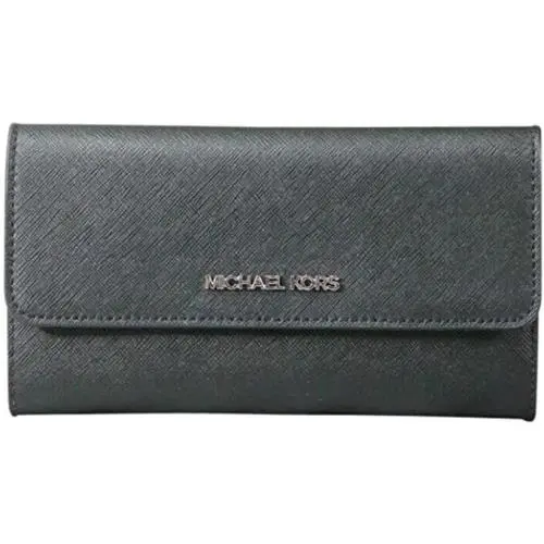 Women Lady Pvc or Leather Trifold Clutch Credit Card Holder Wallet Black Leather/Silver HDWR by Michael Kors