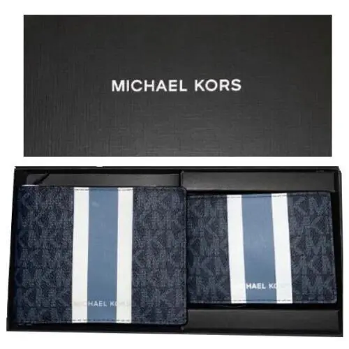 Michael Kors Bifold Wallet Box Set Black Navy White Logo 36H1LGFF1B