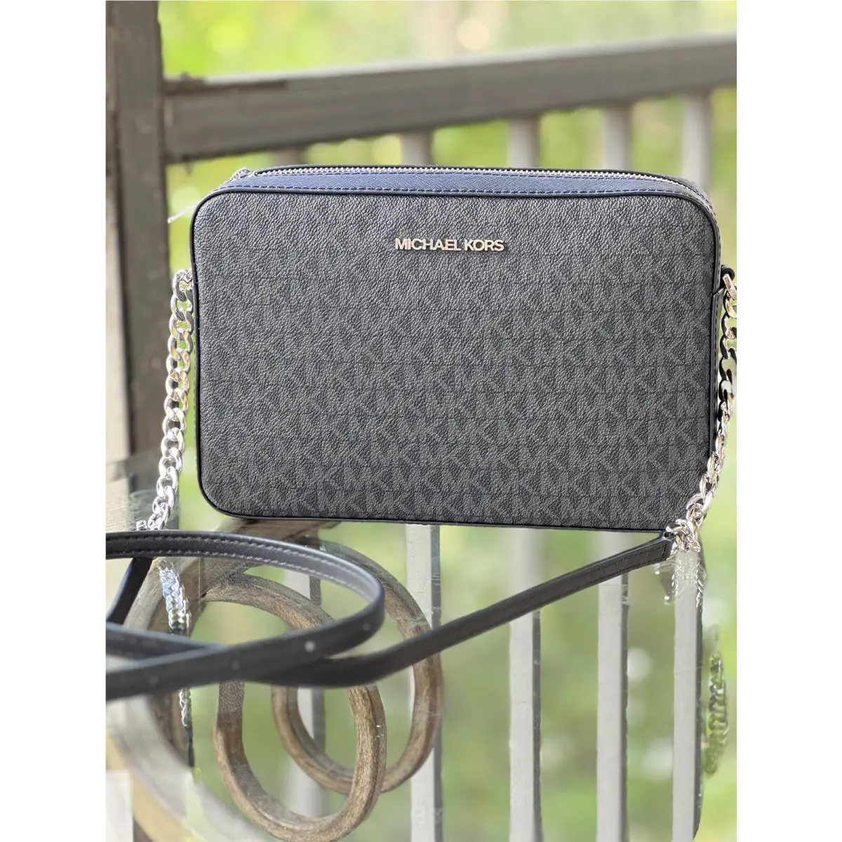 Michael Kors Jet Set Item Large East West Black Signature Crossbody Chain Bag - Black Signature, Exterior: Black