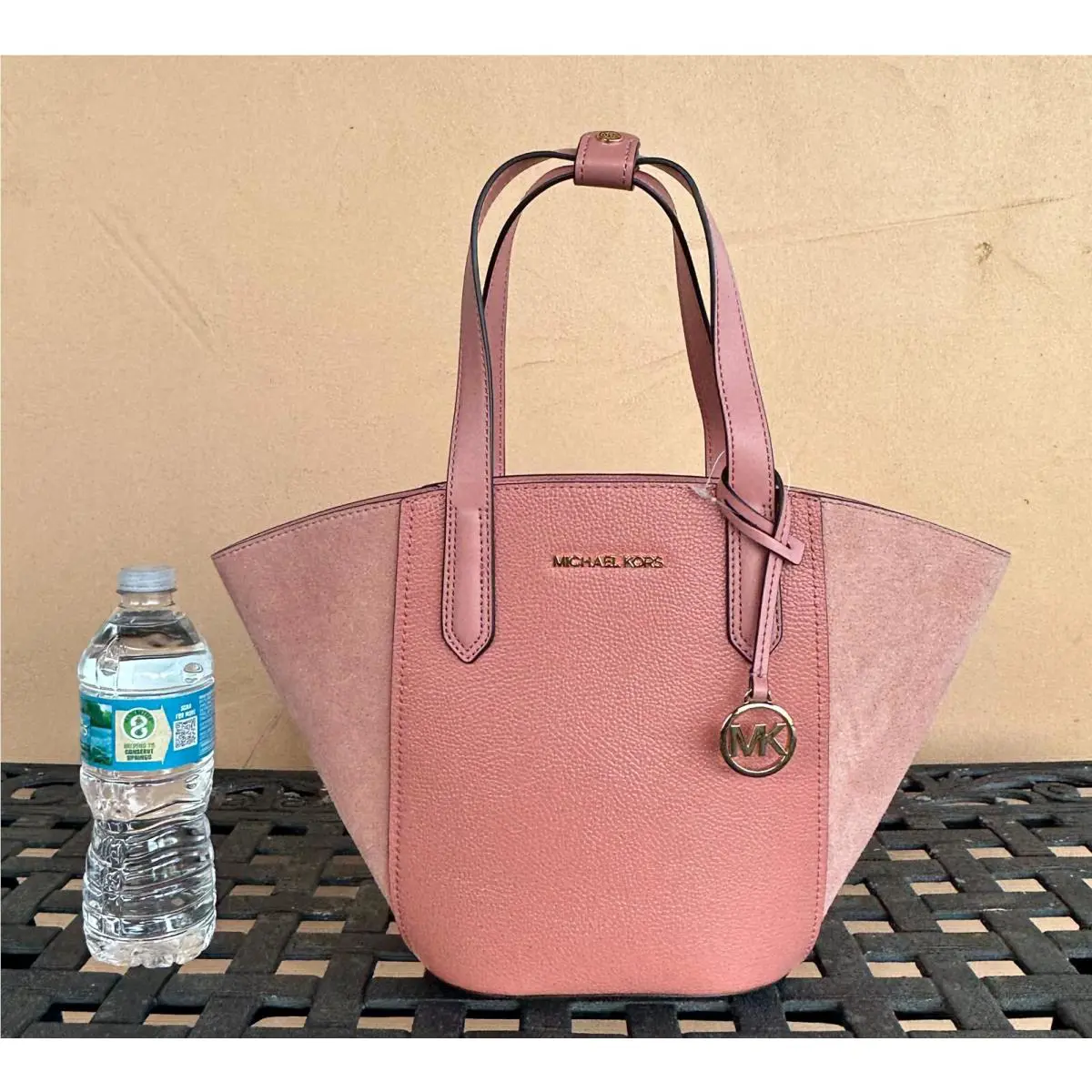 Michael Kors Portia Small Bucket Tote Suede Pebbled Leather Bag Sunset Rose