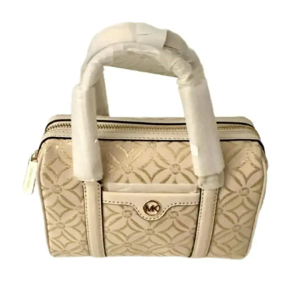Michael Kors Travel SM Duffle Crossbody Bag Graphic Logo Glitter Pale Gold Multi