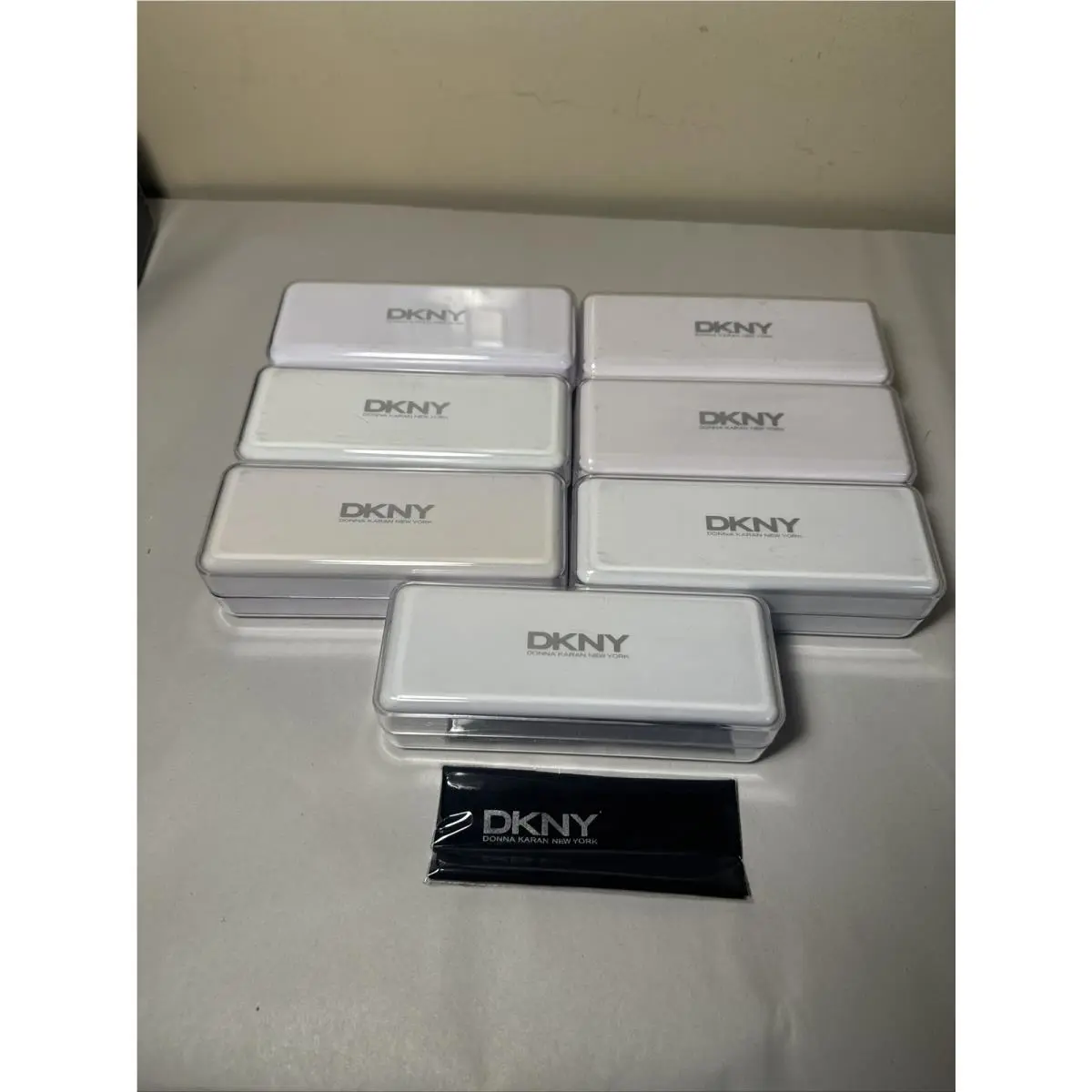 Lot of 7 Dkny Eye Glass Cases White Hard Shell Black Velvet Interior