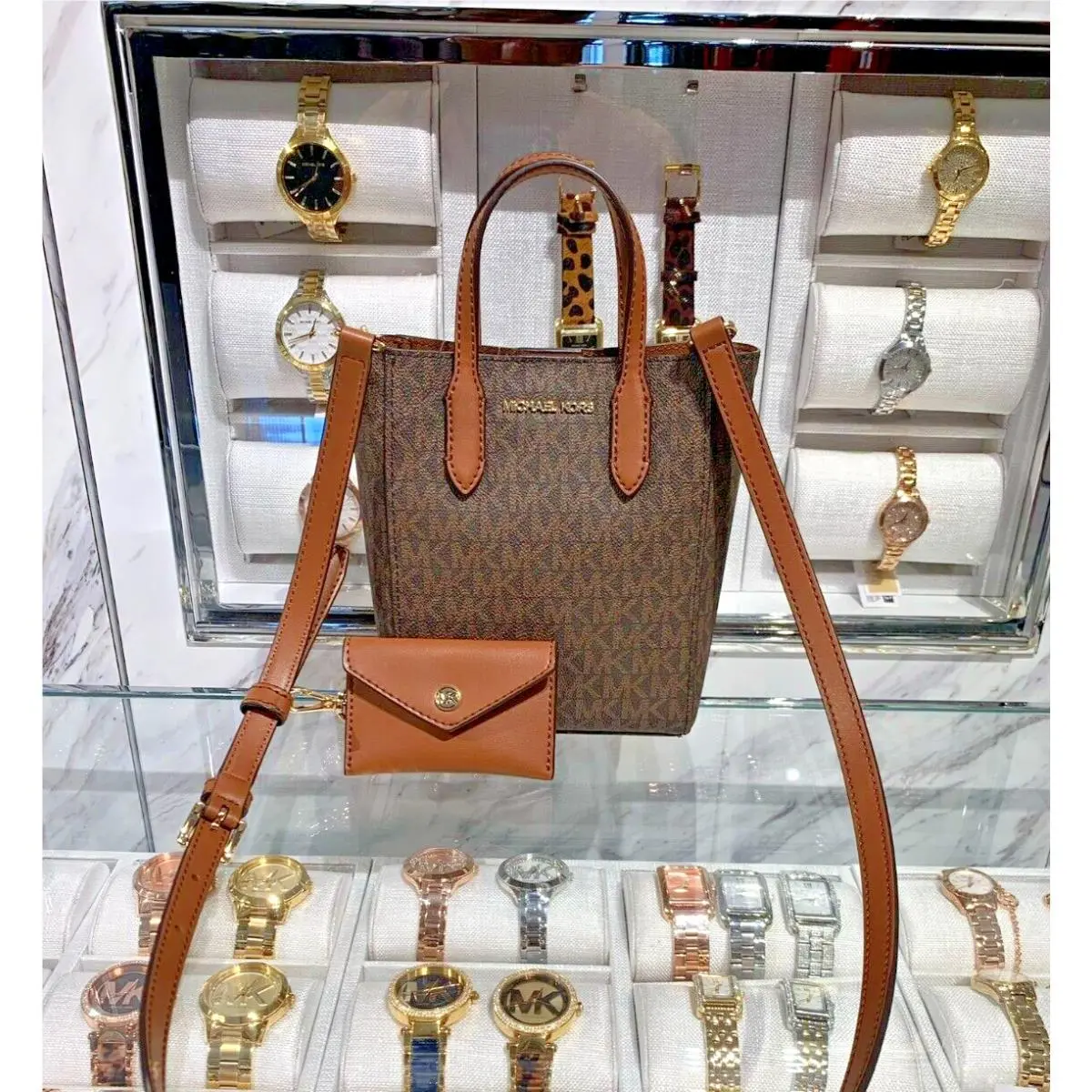 Michael Kors Vincent XS MK Logo Shoulder Crossbody w/ Card Attached Brown