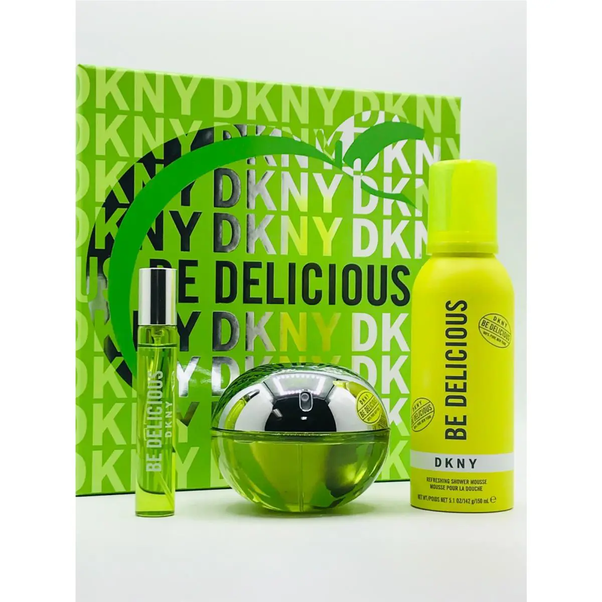 Dkny Be Delicious Women 3pc Parfum Spray 3.4 oz Shower Mousse Travel Spray 15 ml