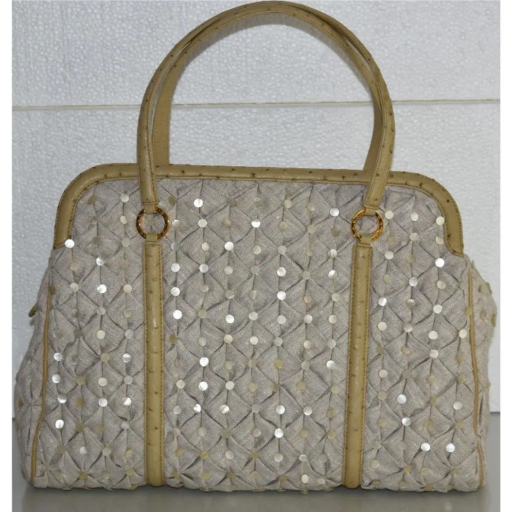 Bvlgari Cecilia Taupe Beige Bag Linen Mother of Pearl Ostrich Rare