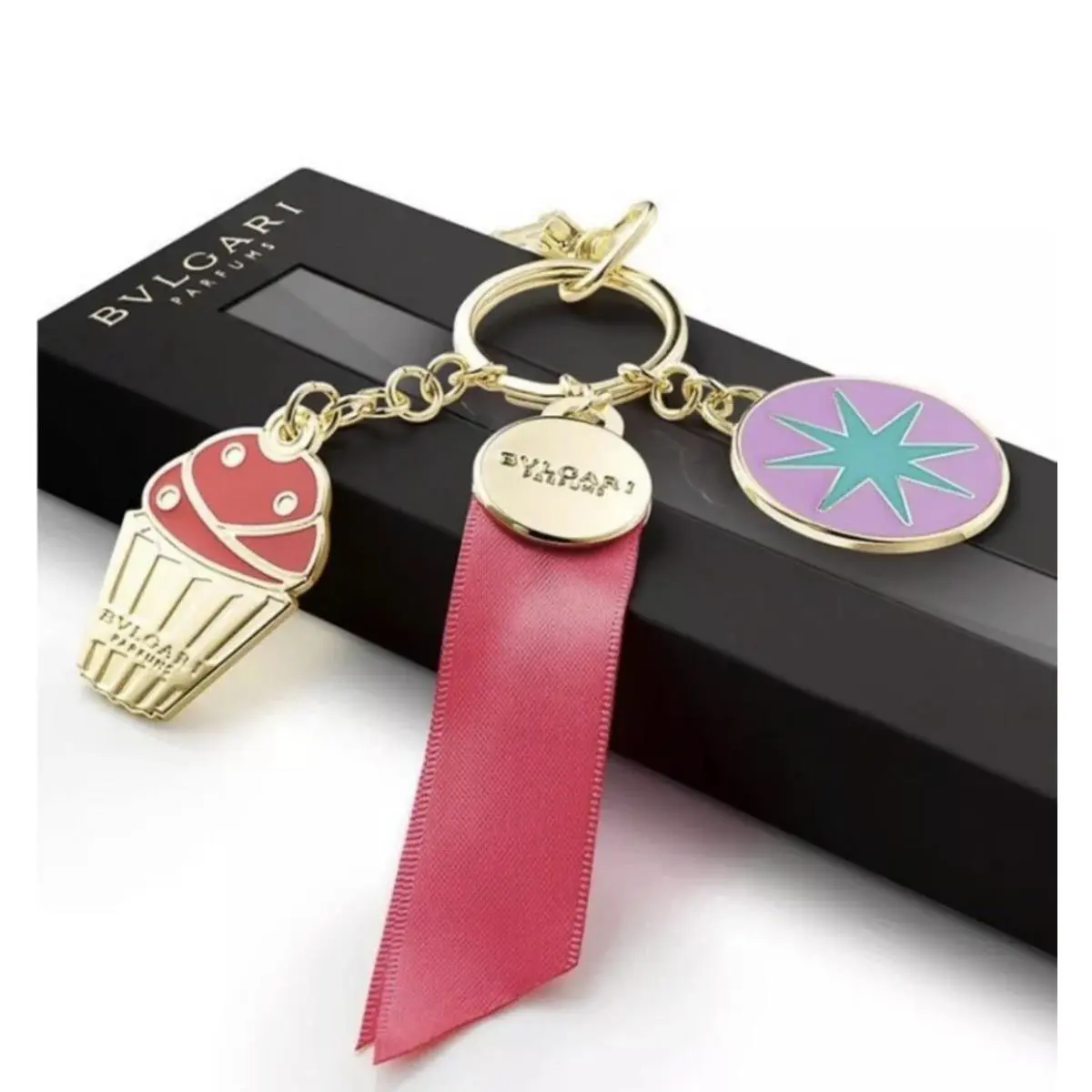 Bvlgari Bulgari Charm Key Chain Cupcake Bag Charm Bling Key Ring Gold Tone