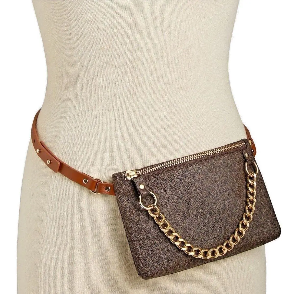 Michael Kors Fanny Pack Bag Medium MK Logo/chain Brown/gold M