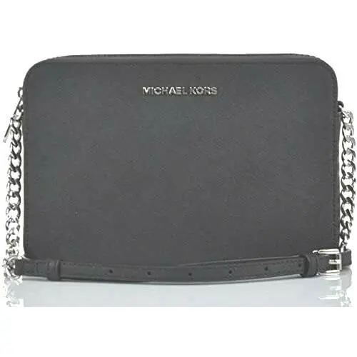 Michael Kors Women Leather Crossbody Bag Purse Messenger Handbag Black Silver MK