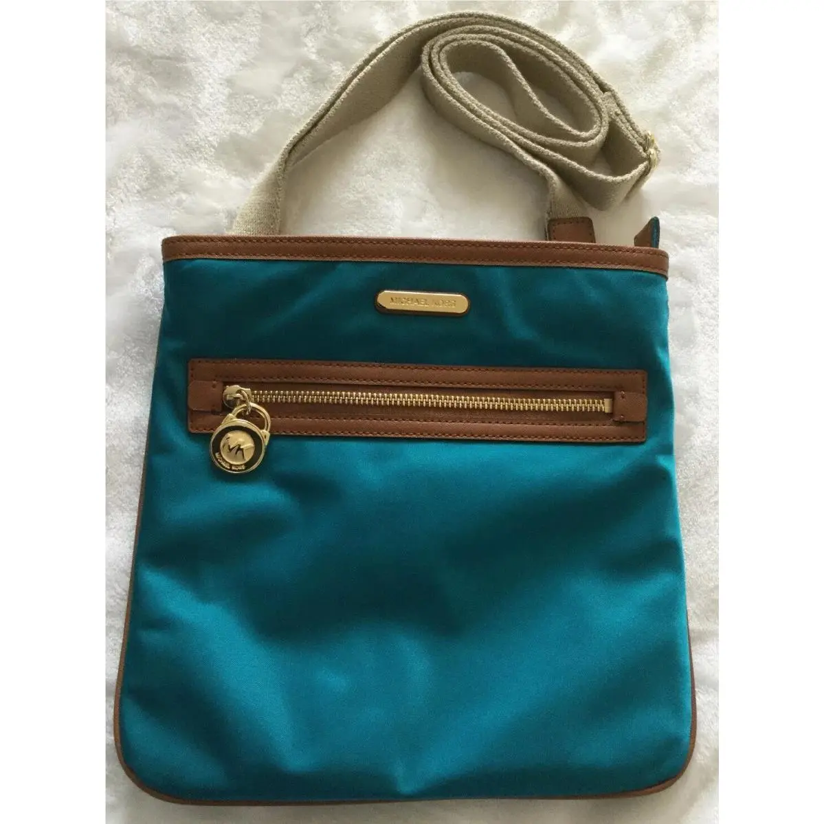 Michael Kors Kempton Turquoise/luggage/gold LG Nylon CRSSBODY-32T2GKPC3C-$88