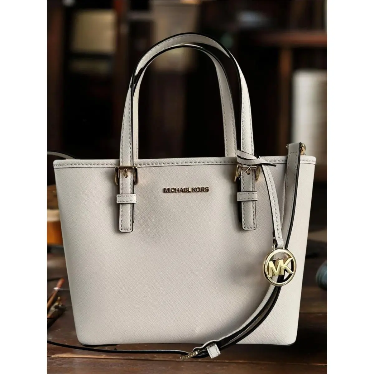 Jet Set Travel XS Leather Top Zip Women Tote Handbag Light Cream MK by Michael Kors