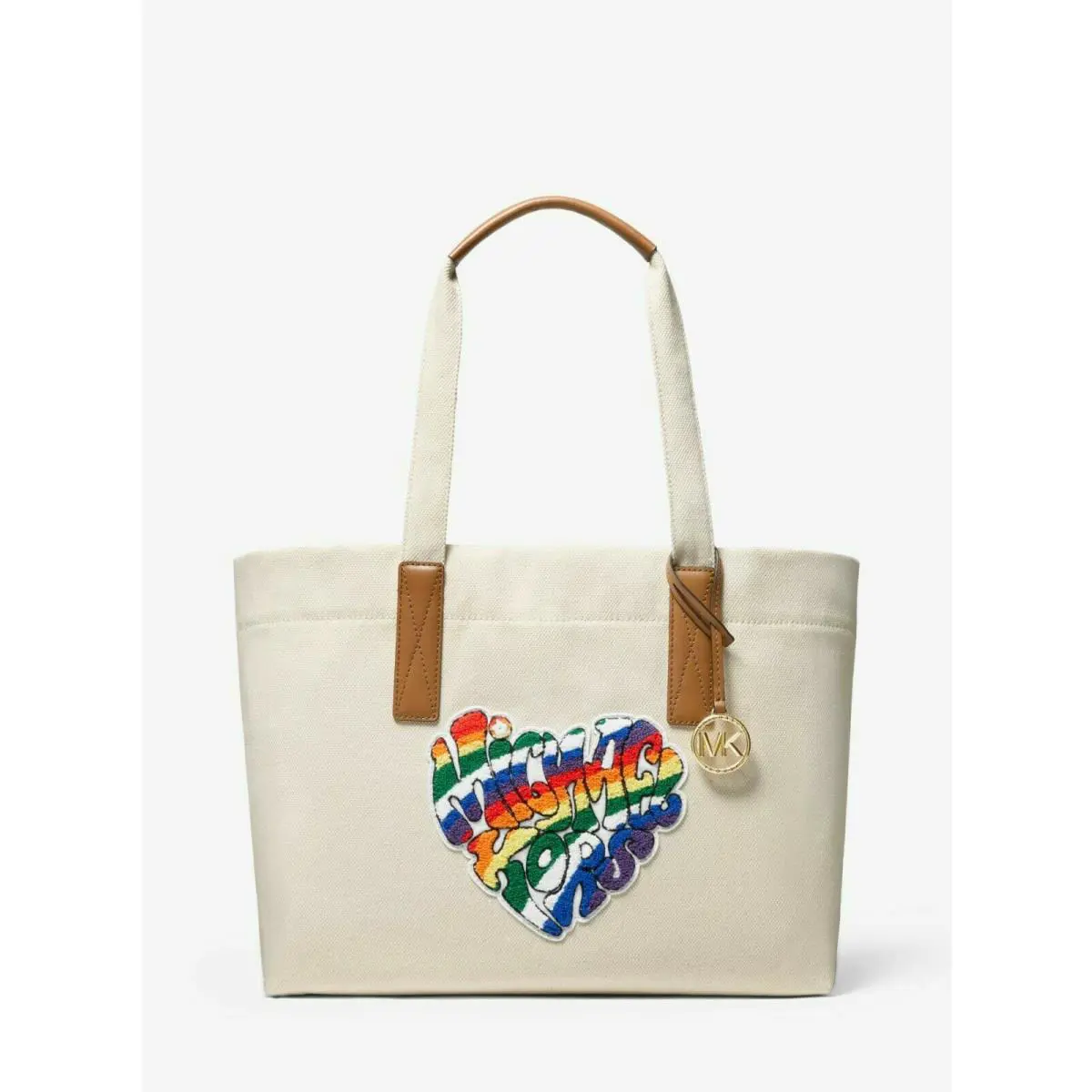 Michael Kors The Michael Large Heart Patch Shopping Beach Tote Bag White - Exterior: Beige