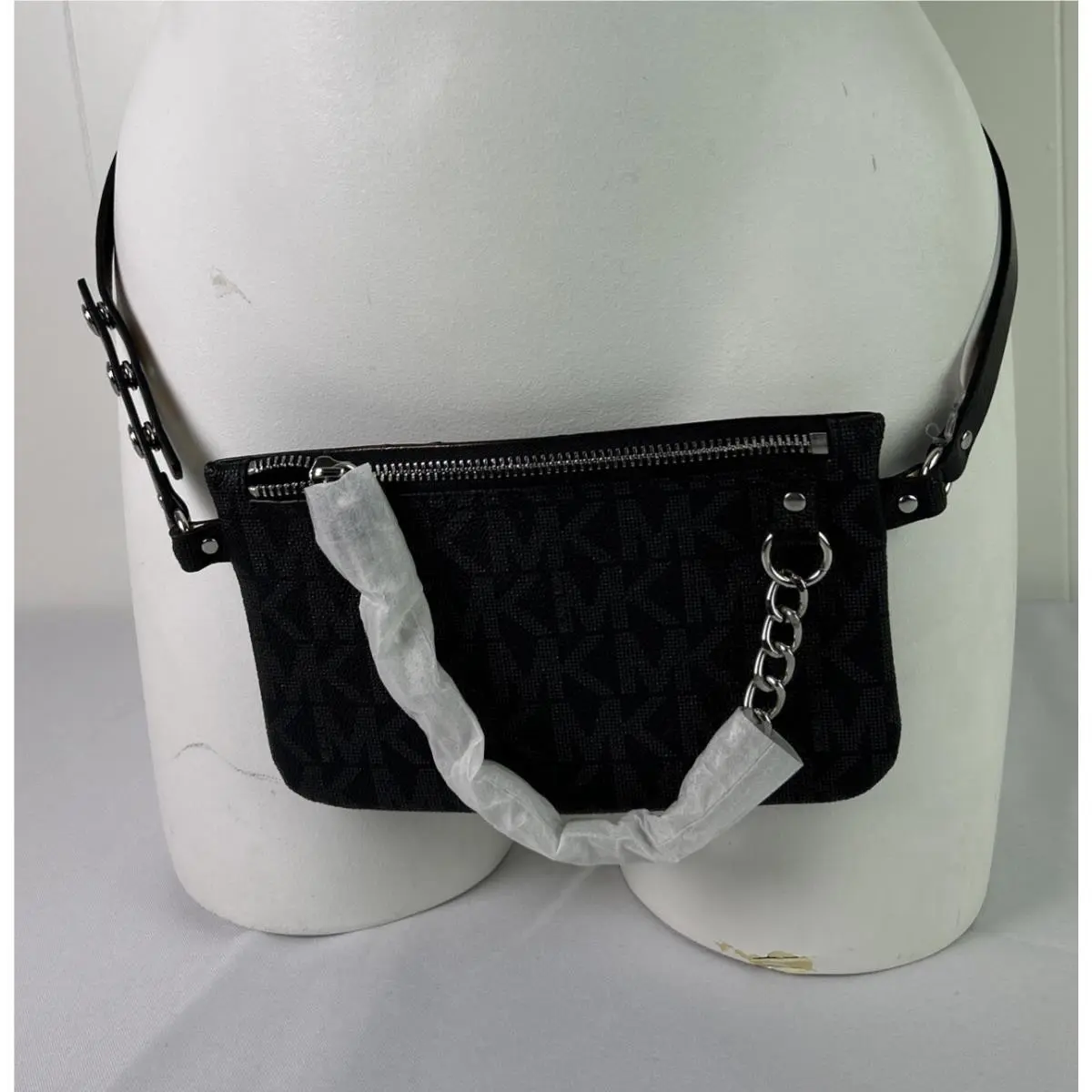 Michael Kors Black Silver Chain Belt Bag Fanny Pack MK Logo Size M