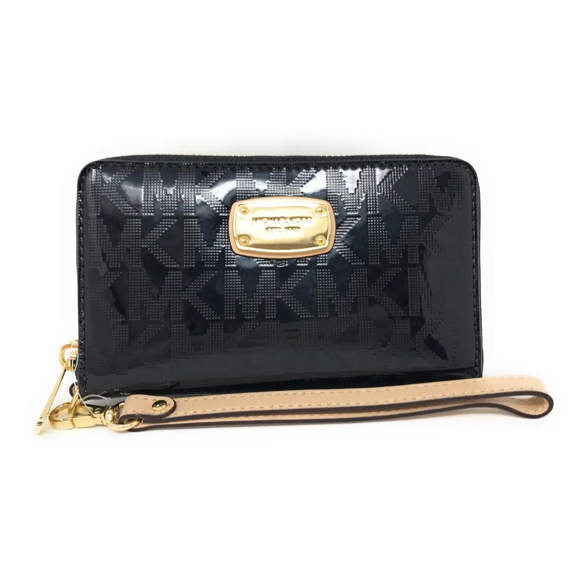 Michael Kors Black Shiny Monogram Pvc Flat Multifunction Case / Wristlet