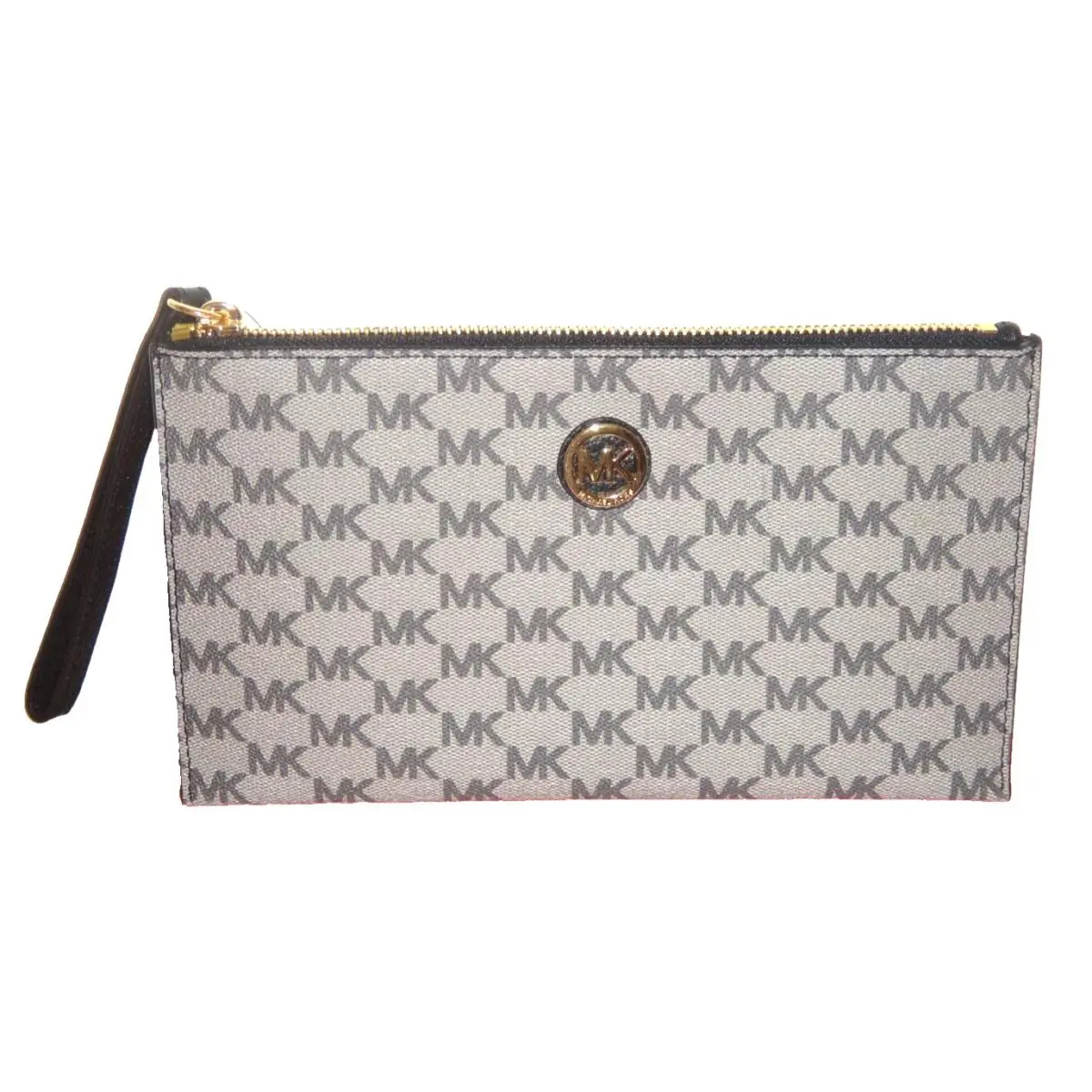 Michael Kors Women Fulton MK Signature LG Zip Clutch Wrist-let Wallet Black Gray