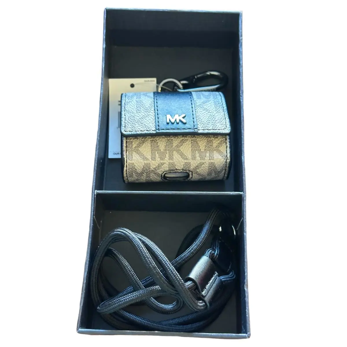 Michael Kors Air Pod Case with Lanyard- Hemp Brown- Signature Mks- Black Brown