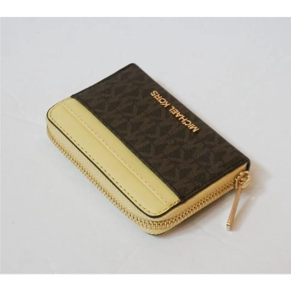 Michael Kors Jet Set Travel ZA Card Case Wallet MK Brown Yellow