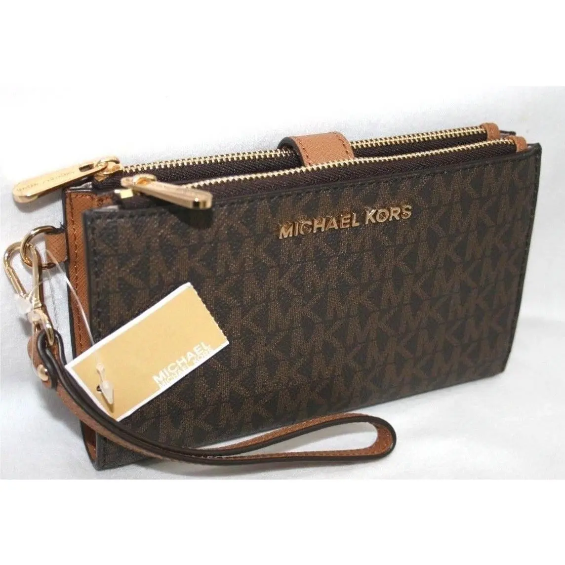 Michael Kors MK Signature Double Zip Phone Case Wallet Wristlet Brown