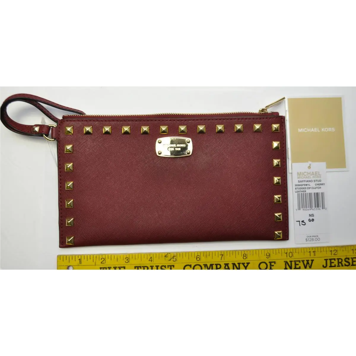 Michael Kors Cherry Saffiano Leather Stud Gold Pyramid Large Wristlet