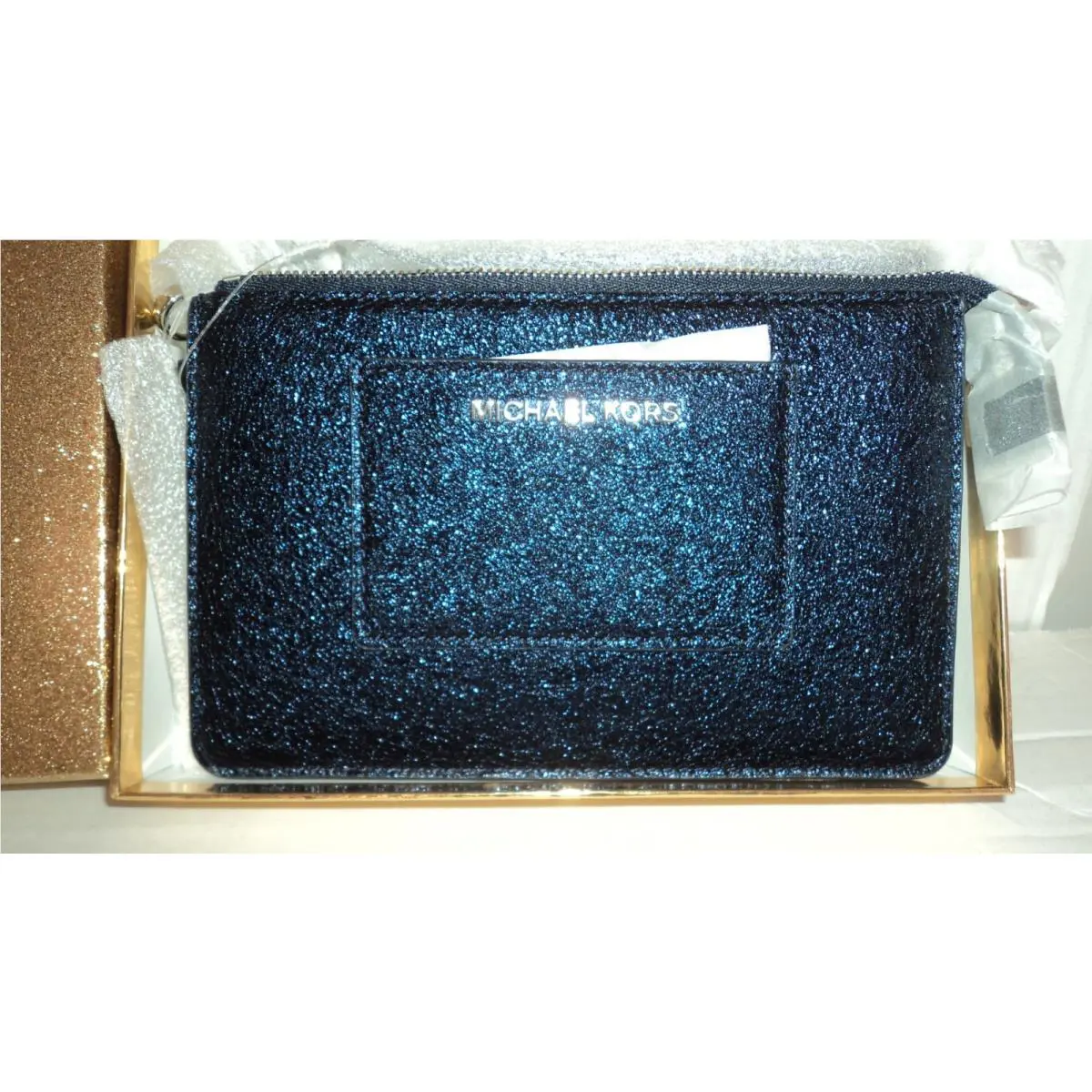 Michael Kors Small Pocket Divided Wristlet Purse Metallic Crackle Leather