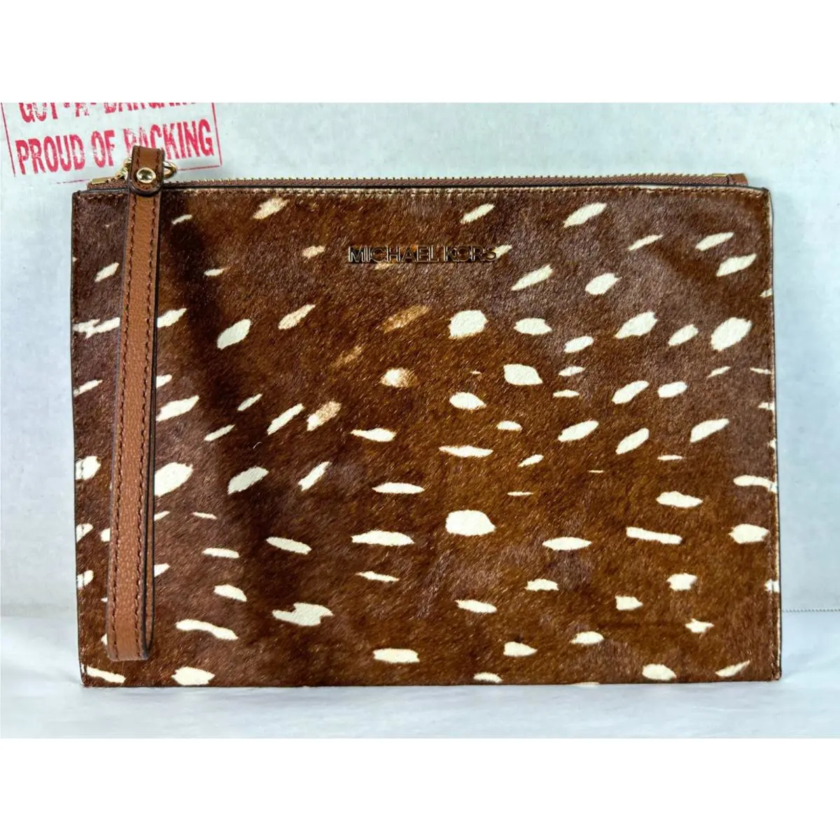 Michael Kors Jet Set Travel Brown Multi Leather Haircalf XL Zip Clutch Wristlet