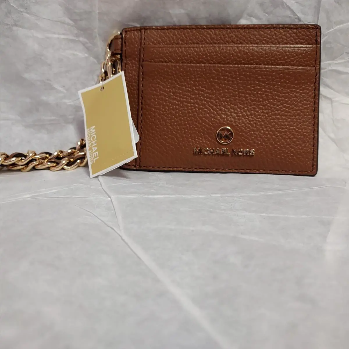 Michael Kors Leather Jet Set Charm Small ID Chain Card Holder Luggage Tan
