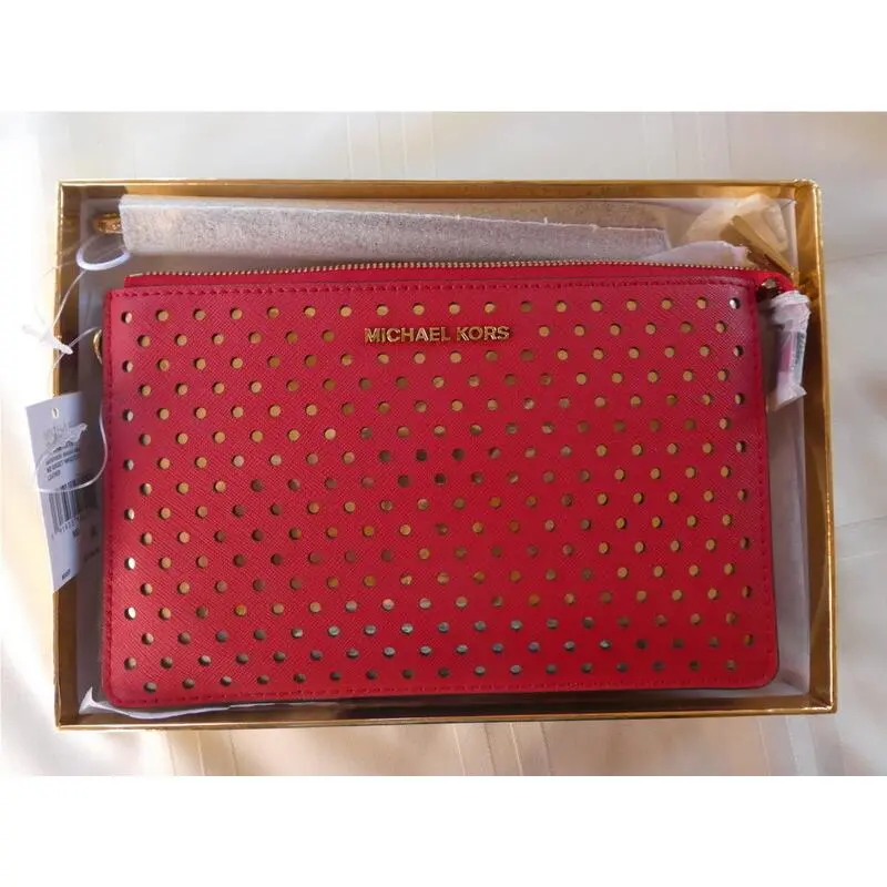 Michael Kors Gussett Leather Wristlet Clutch Perforated Circles Red Gold