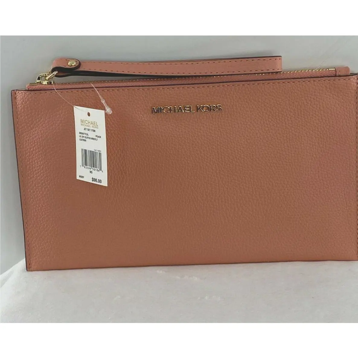 Michael Kors Wristlet Jet Set Bag Leather Wallet Peach Zipper Clutch