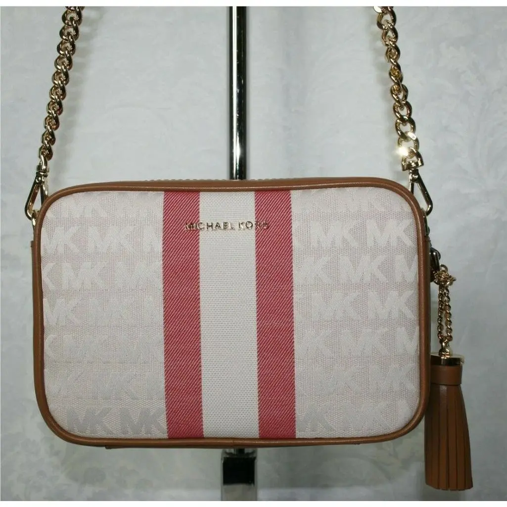 Michael Kors Medium Camera Crossbody Vanilla/acorn/bright Red Leather/canvas