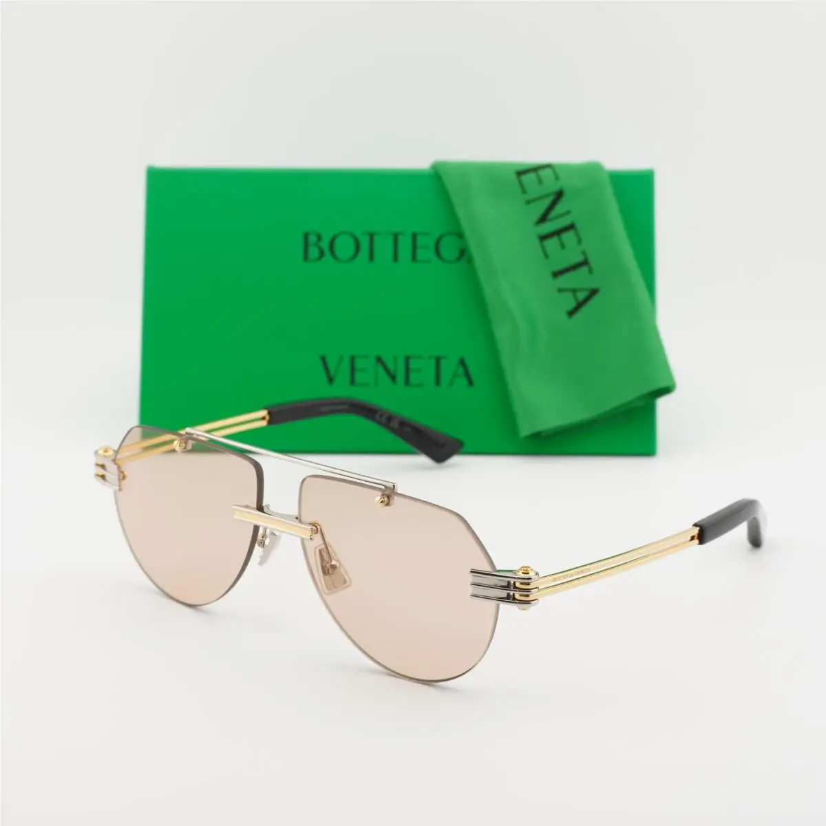 BV1342S 003 Gold Green Lens Aviator Rimless Sunglasses by Bottega Veneta