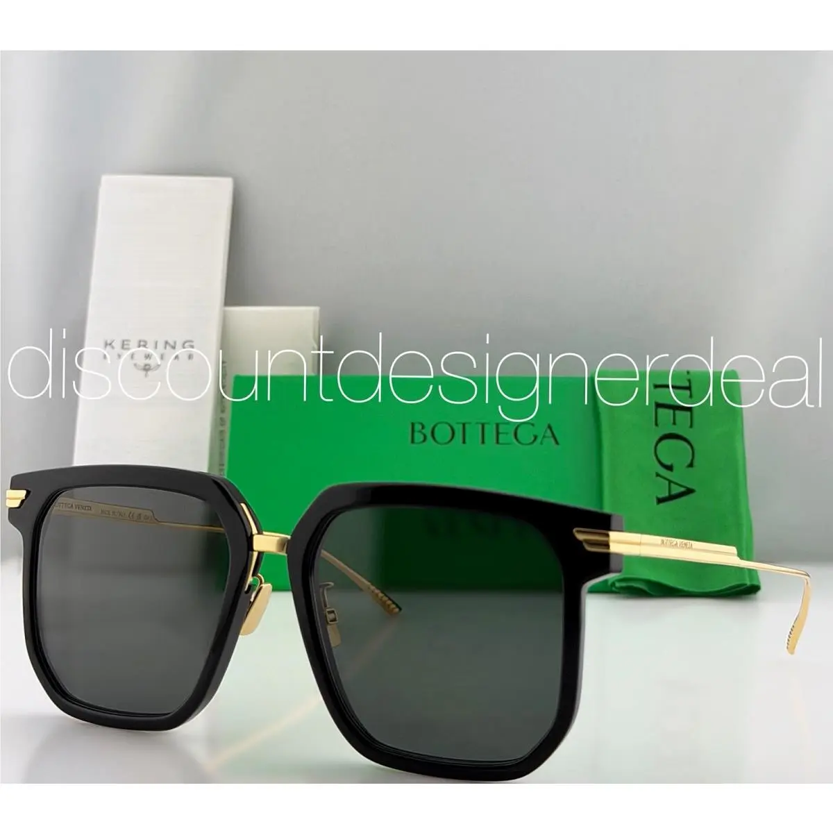 Bottega Veneta Square Sunglasses BV1083SA 001 Black Gold Grey Large 57mm