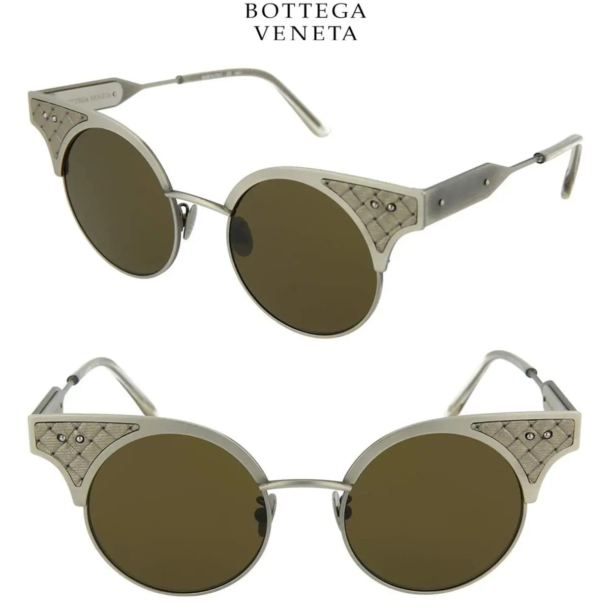Bottega Veneta BV0113S 002 Silver Metal Brown Rounded Cat Eye Sunglasses. 49 mm