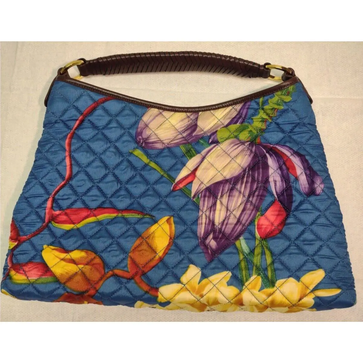 Brooks Brothers Handbag Quilted Fabric Blue Floral Leather Handle