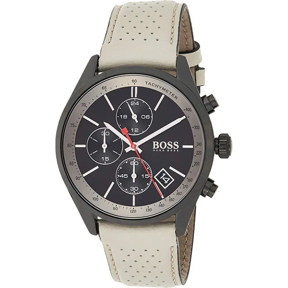1513562 Grand Prix Chronograph Leather Strap Grey and Black by Hugo Boss