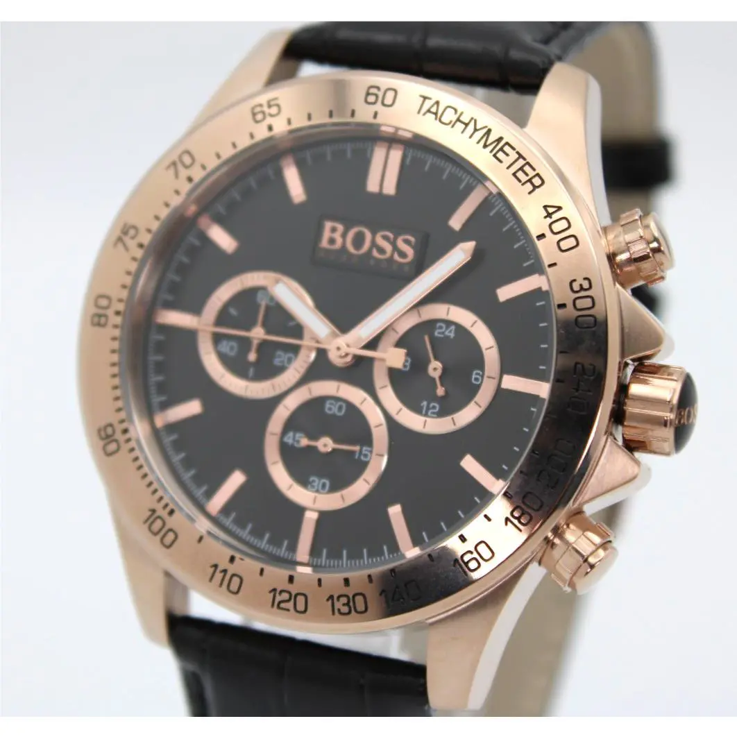 Hugo Boss 44mm Black Leather Band Quartz Analog Men`s Watch Ikon 1513179