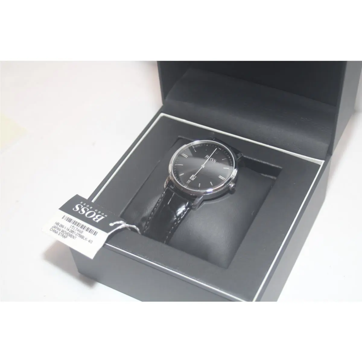 Hugo Boss Mens Watch 1513460 Quartz Black Dial Silver Case Leather Band 40mm