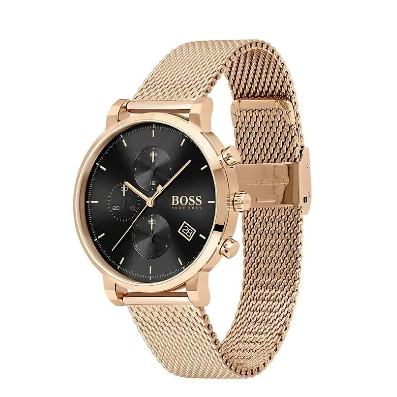 Hugo Boss Chronograph 1513808 Black Dial Pale Rose Gold Bracelet 43MM Mens Watch