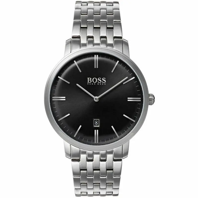 Hugo Boss Tradition 1513536 Silver Tone Black Date Dial Classic Mens Watch