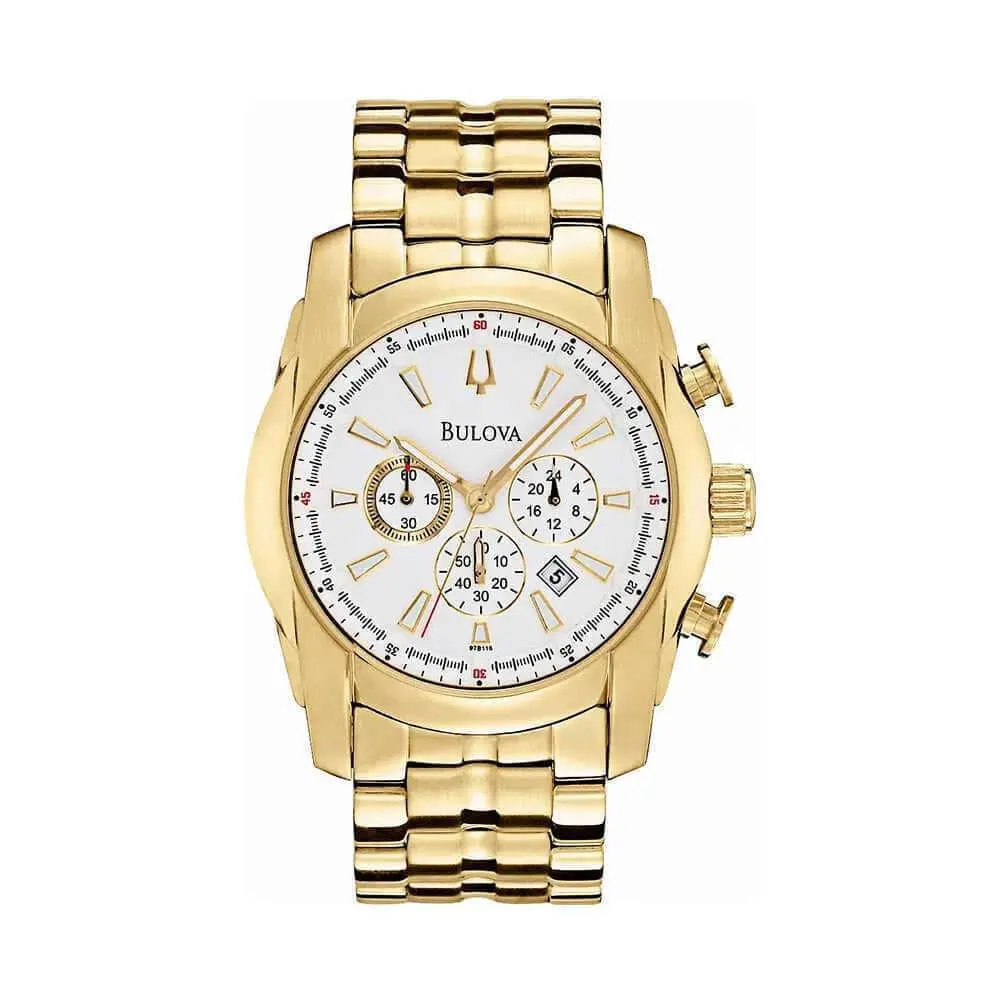Bulova 97B116 Chronograph White Dial 24h Dial Date Gold Color Case Brecelet