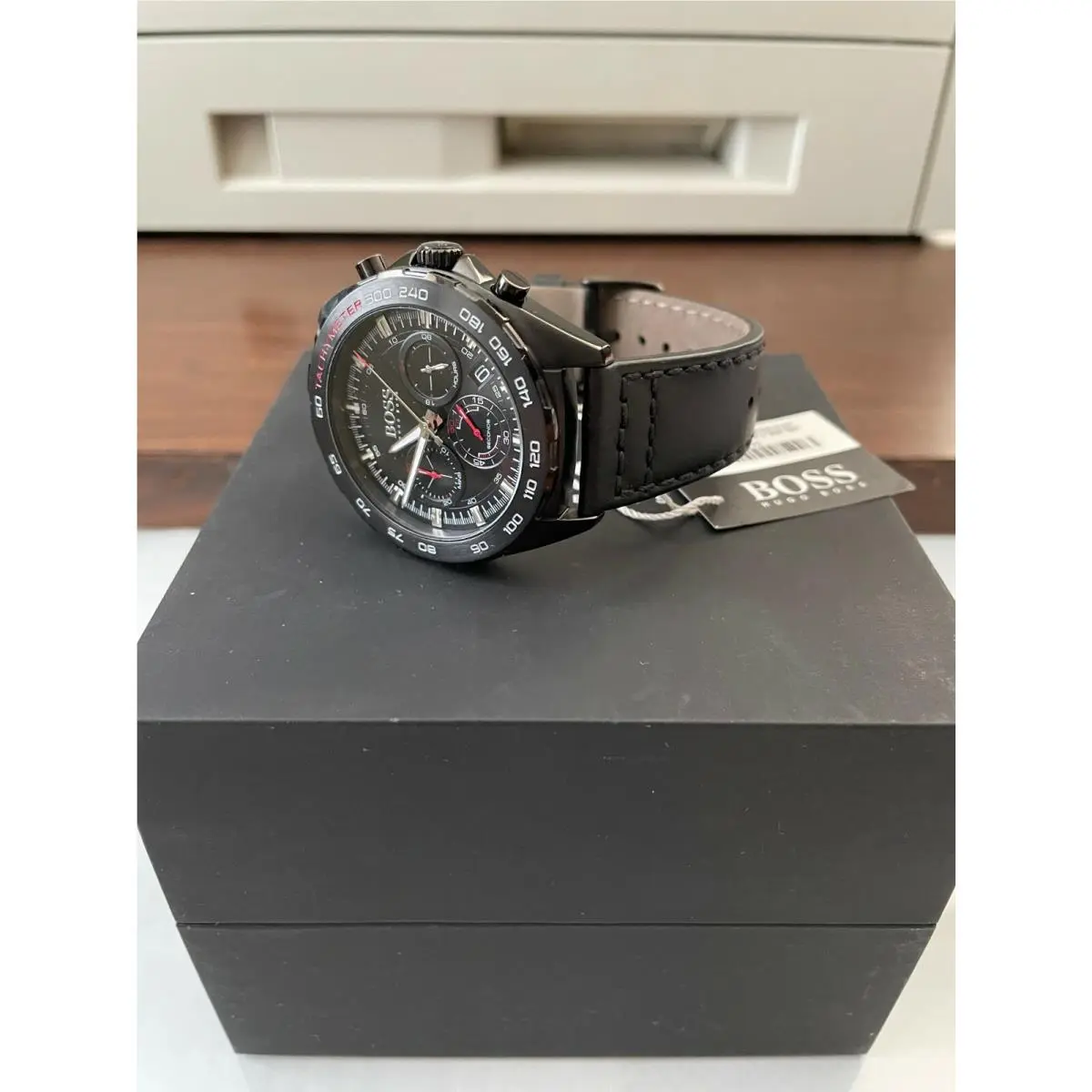 Hugo Boss 1513662 Men`s Chronograph Black Dial Date Black Leather Strap